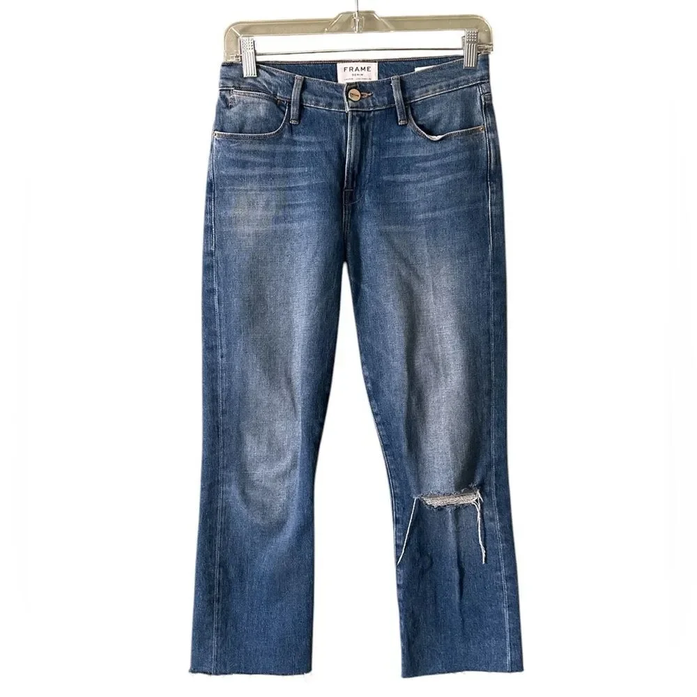 Frame Denim Le High Straight Distressed Raw Hem Thistlemore Med Wash Jeans Sz 24